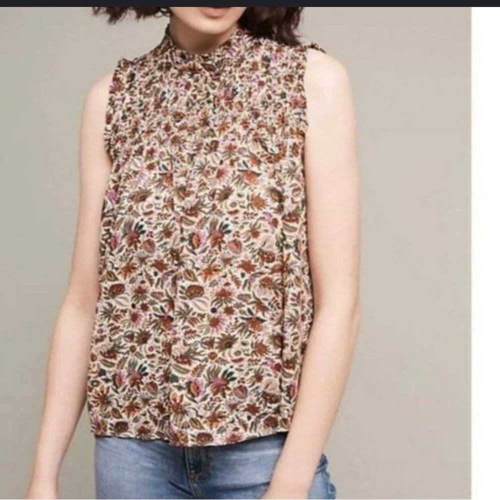 Maeve Anthropologie Tan Floral Top Size 2